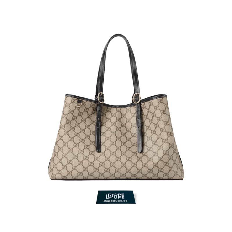 GG Emblem MediumTote Bag GG Canvas and Leather - Beige Black (1)