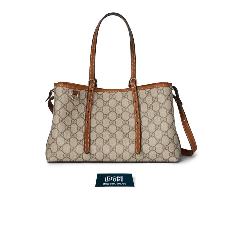GG Emblem Small Tote Bag GG Canvas and Leather with zip pocket in the middle - Beige Brown 1 (1)