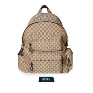 Large Backpack withGucci Logo Web GG Canvas and Leather - Beige Dark Brown