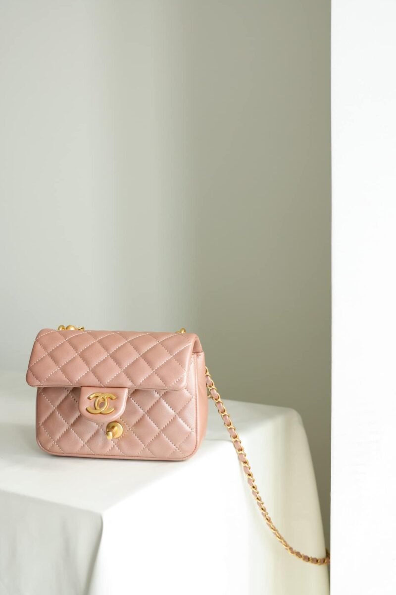 Mini Flap Shiny Lambskin with Pearl Chain - Light Pink (7)