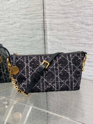 Diorstar Hobo Bag With Chain Tweed With Cannage Motif - Black