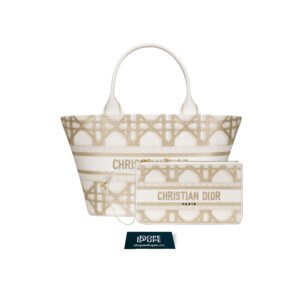 Hat Basket Bag Canvas Cannage Embroidered - White Gold