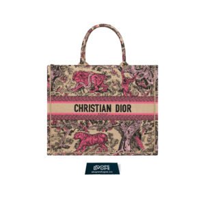 Small Book Tote Bag Toile de Jouy Sauvage Embroidery Raffia - Candy Pink