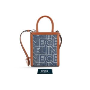 Mini Vertical Cabas Tote in Printed Denim with Leather - Blue