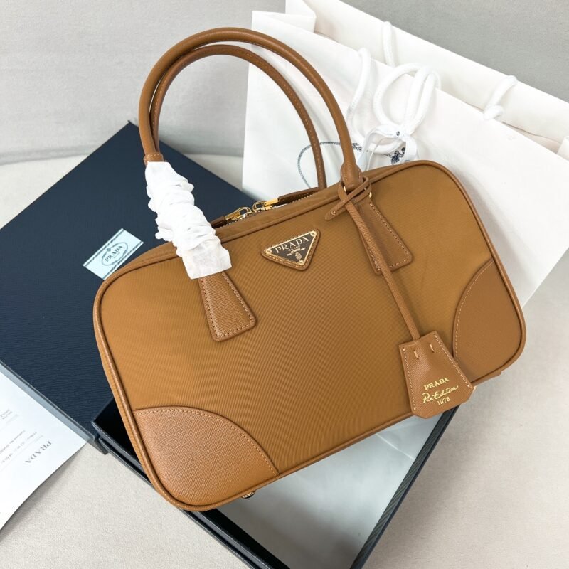 Re-Edition 1978 medium Re-Nylon and Saffiano leather two-handle bag - Caramel brown (1)