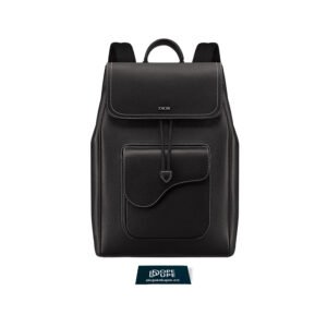 Saddle Backpack with Flap Drawstring Grained Calfskin - Black
