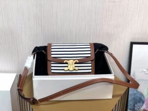 Small Triomphe With Borders in Striped Textile and Calfskin - White Navy