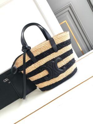 Striped Couffin 22 Classic Panier in Raffia and Calfskin - Black