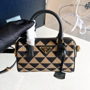 Symbole Embroidered Fabric Top Handle Bag - Black