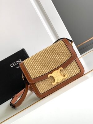 Small Teen Triomphe Bag in Raffia Effect Textile and Calfskin - Tan