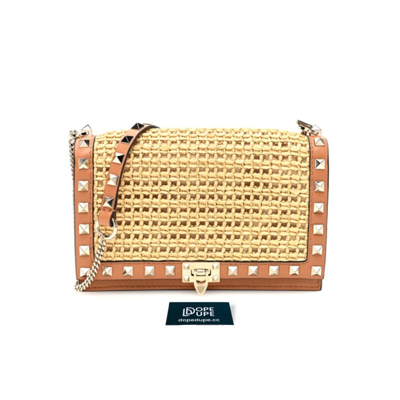 Garavani Rockstud Wallet On Chain Raffia and Calfskin - Tan (1)