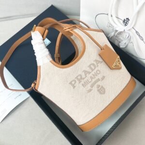 Logo Embossed Linen Blend Leather Mini Buckle Bag - Natural