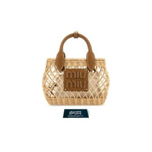 Mini Woven Fabric Handbag with Leather Trim - Tan Caramel