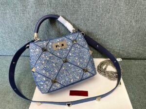 Roman Stud Small Embellished Denim  Top Handle Bag - Blue