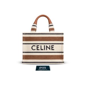 Small Cabas Thais in Striped Textile with Celine Embroidery and Calfskin - Satchel Brown