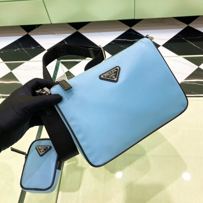 Small Triangle Logo in Black Saffiano Leather with Pouch Shoulder Bag - Blue (1)