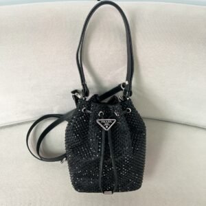 Crystal Embellished Mini Leather Bucket Bag In