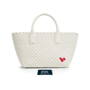 Mini Cabat Tote Bag Intreccio Leather with mini Love - White