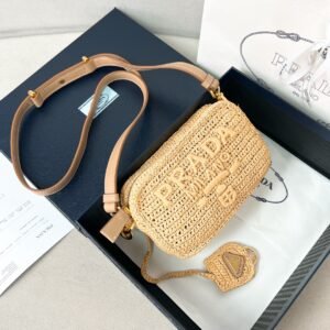 Prda Embroidered-Logo Shoulder Bag is Crafted From Raffia - Beige