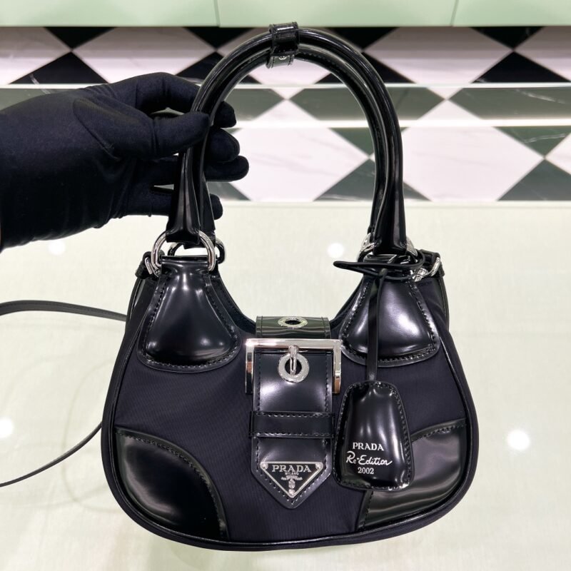 Re-Edition 2002 Moon Handle Bag in Nylon with Leather Trim - Black (1)