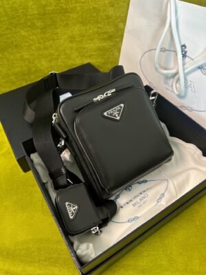 Triangle Metal Logo Leather Shoulder Bag With Pouch - Black