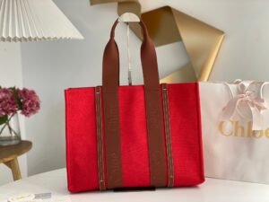 Large Woody Tote Bag in Linen and Leather - Red