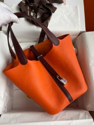 Picotin Lock 22 Bicolor Bag in Taurillon Clemence -  Orange H and Rubis Shw