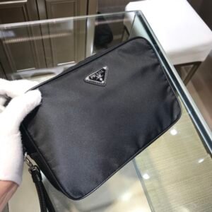Triangle Metal Logo Saffiano Leather Clutch Black